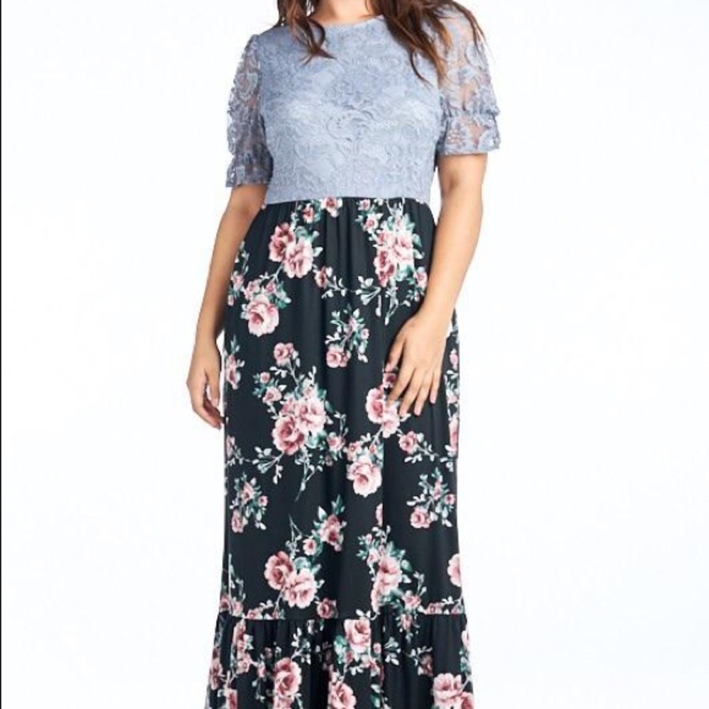 Blue Lace And Floral Print Maxi Plus Dress With Pockets